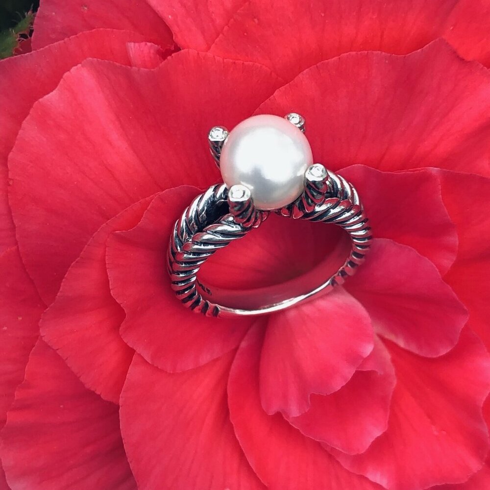 David Yurman 10mm Cultured Freshwater Pearl & Diamonds Ring Size 7 Beautiful